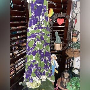 Evan Picone Purple and Green Floral Halter-Style Below-Knee Dress